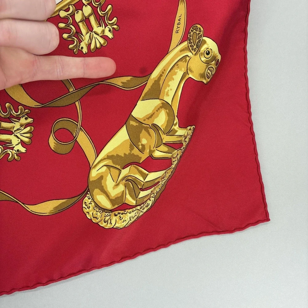 Hermes Scarf Silk Red Gold Les Cavaliers D'Or Horse Print Square Carre 90 VTG